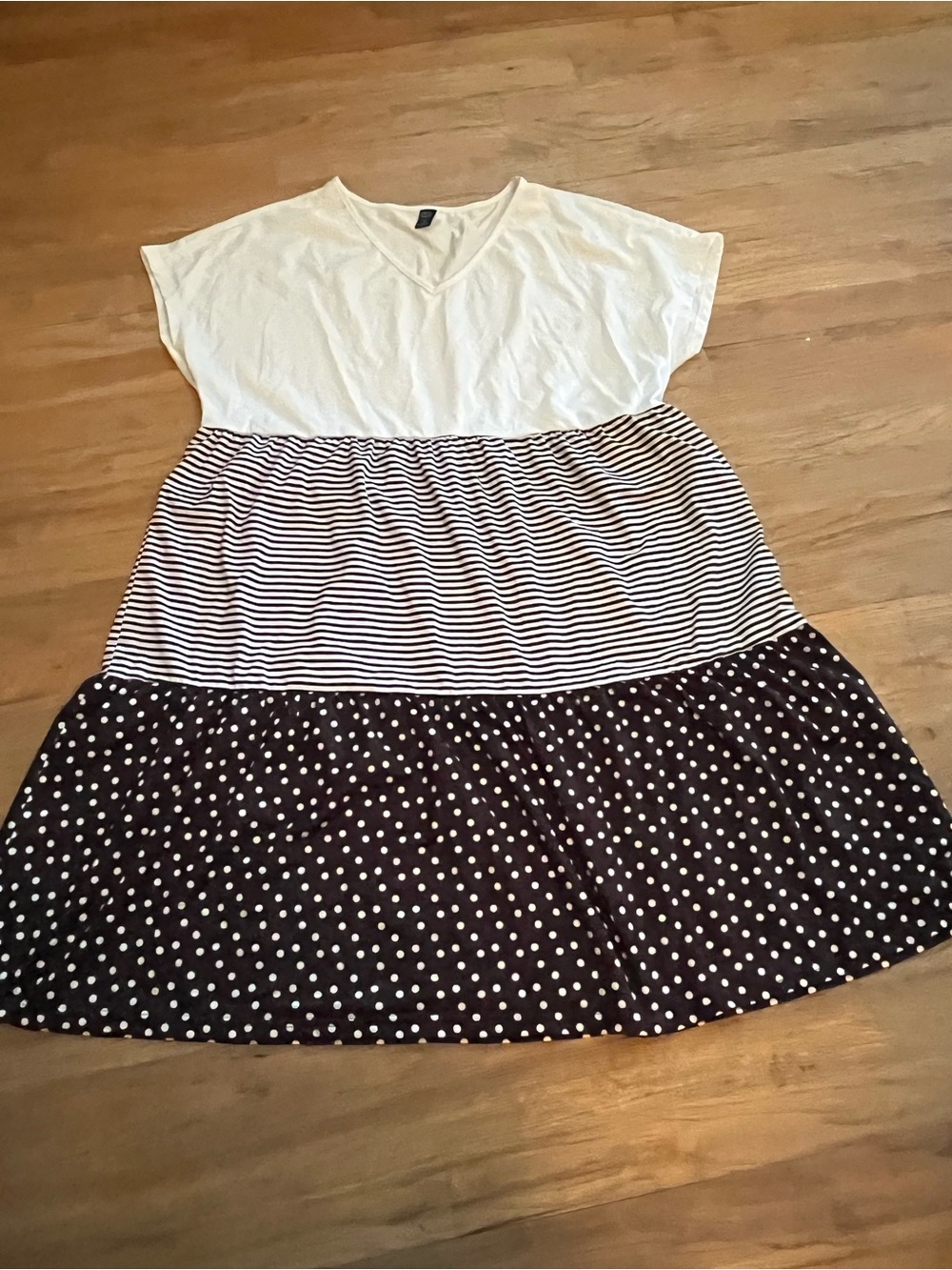 Casual White and Black Tiered Midi Dress with Stripes & Polka Dots